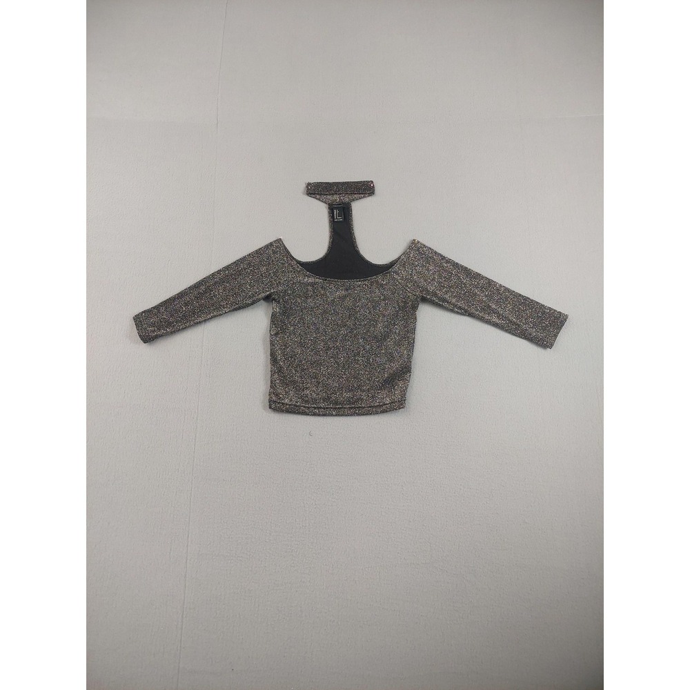 Forever 21 Shirt Womens Small Silver Glitter Cold Shoulder Long Sleeve Crop Top